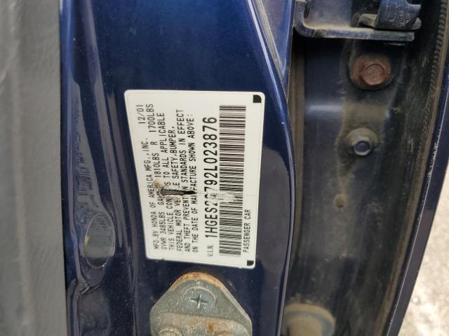 1HGES26792L023876 - 2002 HONDA CIVIC EX BLUE photo 12