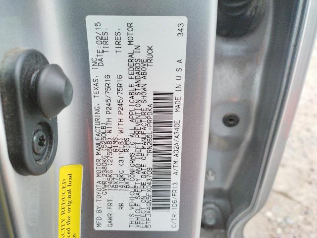 5TFJX4GN5FX043709 - 2015 TOYOTA TACOMA DOUBLE CAB PRERUNNER SILVER photo 13