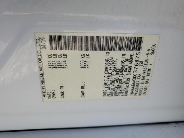 1N4AA6AV3KC376875 - 2019 NISSAN MAXIMA S 白色 照片 12