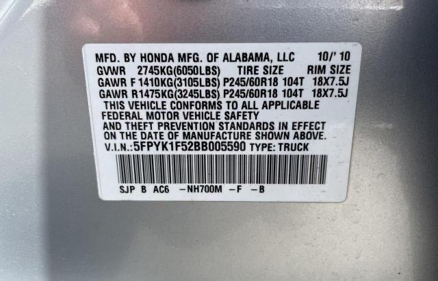 5FPYK1F52BB005590 - 2011 HONDA RIDGELINE RTL SILVER photo 10