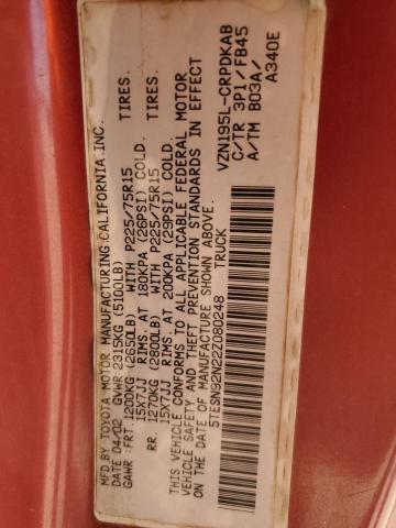 5TESN92N22Z080248 - 2002 TOYOTA TACOMA XTRACAB PRERUNNER 红色 照片 12