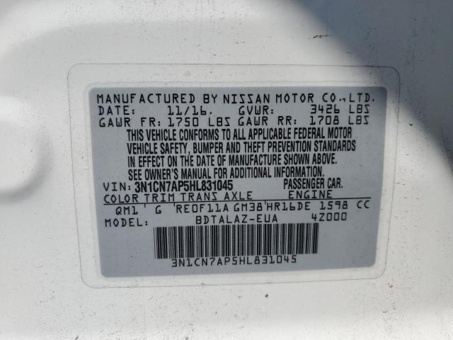 3N1CN7AP5HL831045 - 2017 NISSAN VERSA S WHITE photo 13