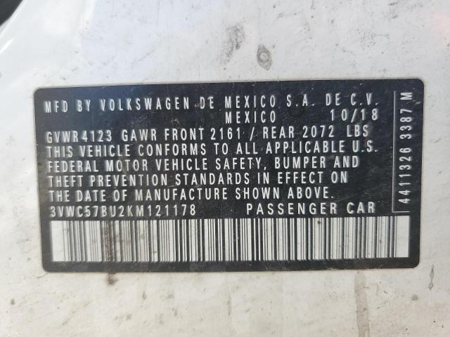 3VWC57BU2KM121178 - 2019 VOLKSWAGEN JETTA S 白色 照片 12