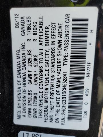 2HGFG3B10CH552841 - 2012 HONDA CIVIC EXL BLACK photo 12