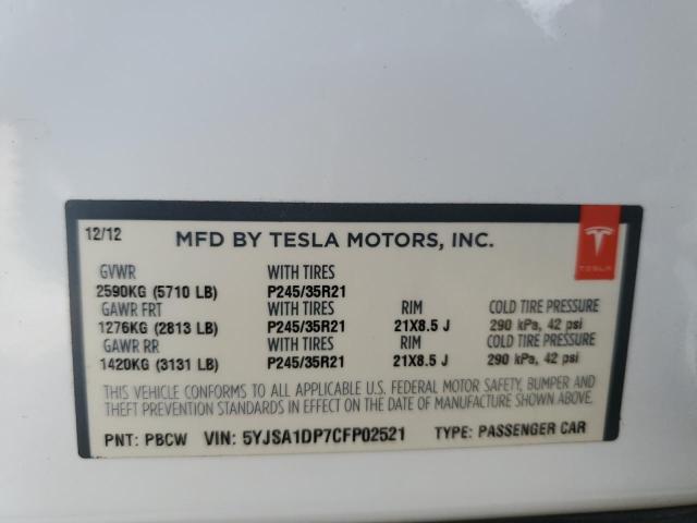 5YJSA1DP7CFP02521 - 2012 TESLA MODEL S WHITE photo 12