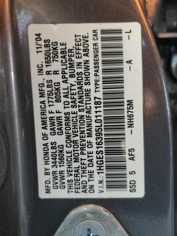 1HGES16395L011187 - 2005 HONDA CIVIC DX VP ნაცრისფერი ფოტო 12