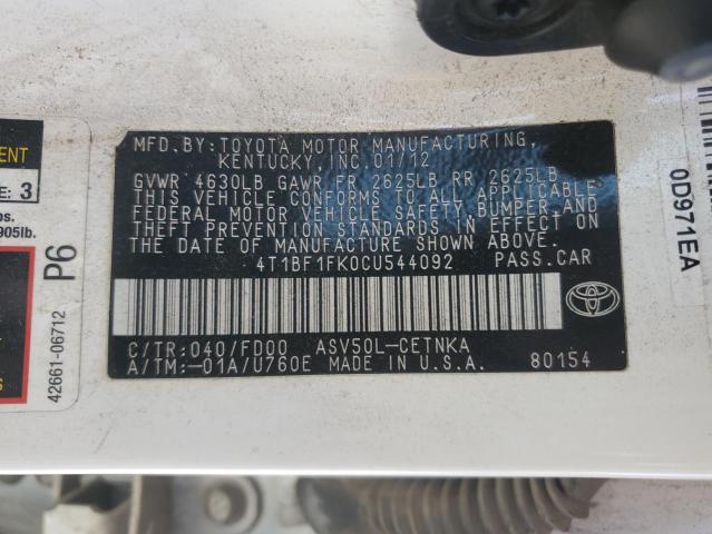 4T1BF1FK0CU544092 - 2012 TOYOTA CAMRY BASE WHITE photo 13