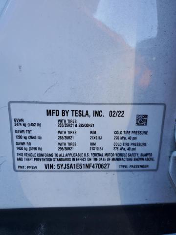5YJSA1E51NF470627 - 2022 TESLA MODEL S 白色 照片 12