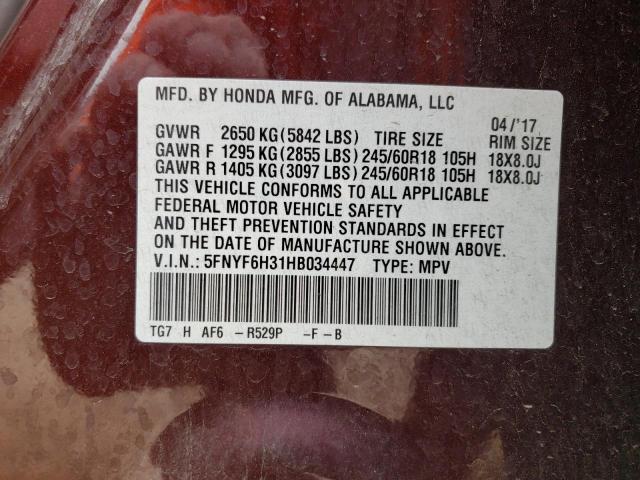 5FNYF6H31HB034447 - 2017 HONDA PILOT EX MAROON photo 13