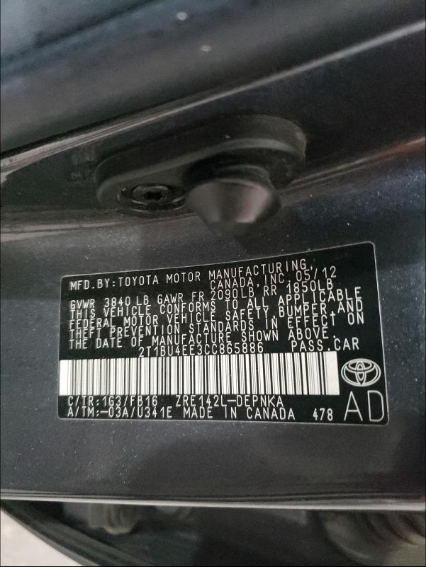 2T1BU4EE3CC865886 - 2012 TOYOTA COROLLA BASE GRAY photo 10