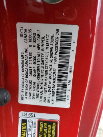 2HGFG4A5XCH702867 - 2012 HONDA CIVIC SI RED photo 12