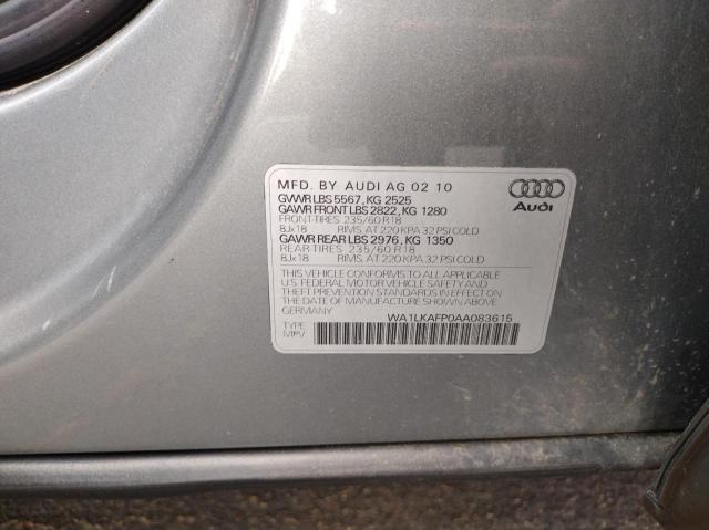 WA1LKAFP0AA083615 - 2010 AUDI Q5 PREMIUM PLUS GRAY photo 10