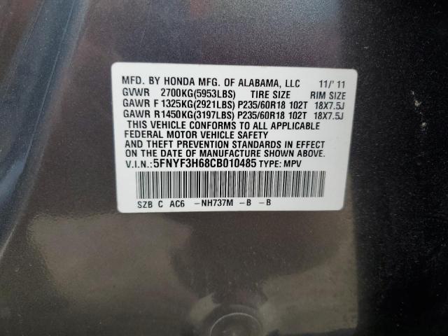 5FNYF3H68CB010485 - 2012 HONDA PILOT EXL CHARCOAL photo 13