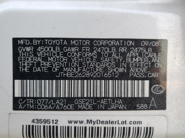 JTHBE262892016512 - 2009 LEXUS IS 350 WHITE photo 13