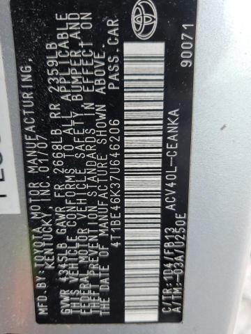 4T1BE46K37U646206 - 2007 TOYOTA CAMRY CE SILVER photo 12