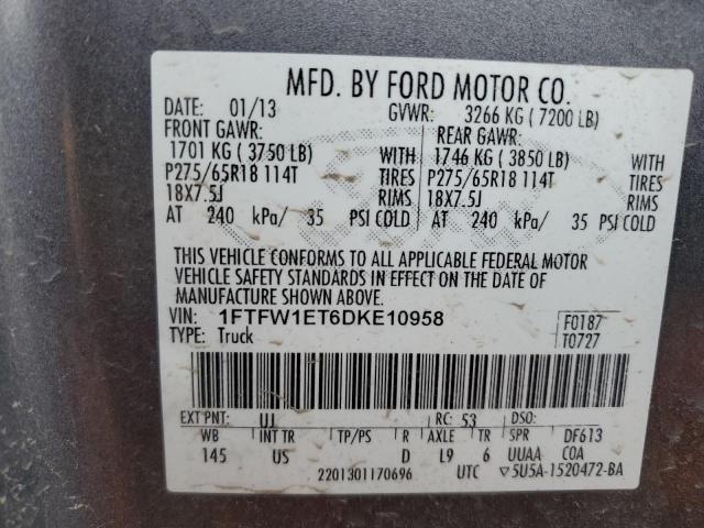 1FTFW1ET6DKE10958 - 2013 FORD F150 SUPERCREW GRAY photo 12