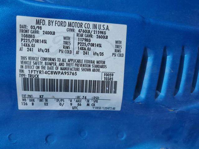 1FTYR14C8WPA95765 - 1998 FORD RANGER SUPER CAB BLUE photo 13