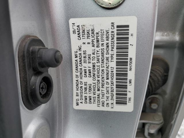 2HGFB2F5XFH502412 - 2015 HONDA CIVIC LX SILVER photo 12