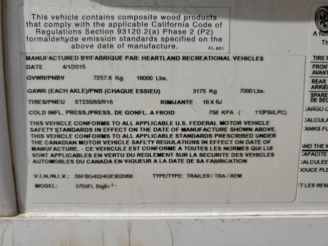 5SFBG4324GE302068 - 2016 HEARTLAND BIGHORN 白色 照片 10