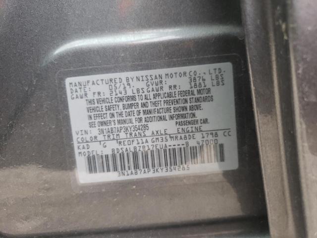 3N1AB7AP3KY354285 - 2019 NISSAN SENTRA S GRAY photo 10