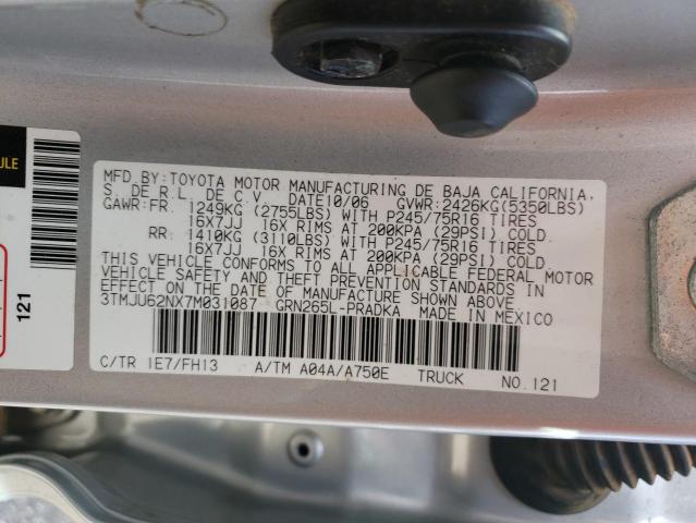 3TMJU62NX7M031087 - 2007 TOYOTA TACOMA DOUBLE CAB PRERUNNER SILVER photo 12