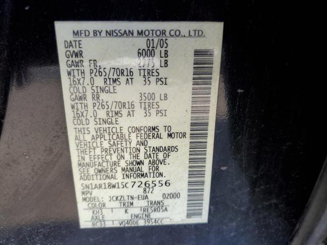 5N1AR18W15C726556 - 2005 NISSAN PATHFINDER LE შავი ფოტო 13
