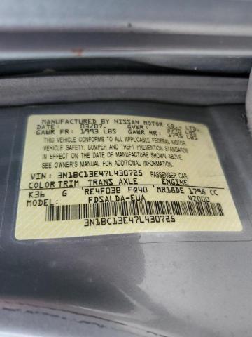 3N1BC13E47L430725 - 2007 NISSAN VERSA S GRAY photo 12