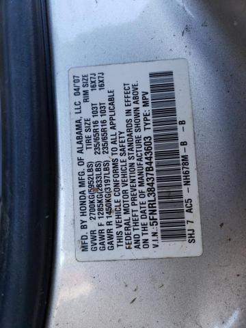 5FNRL38437B443603 - 2007 HONDA ODYSSEY EX SILVER photo 12