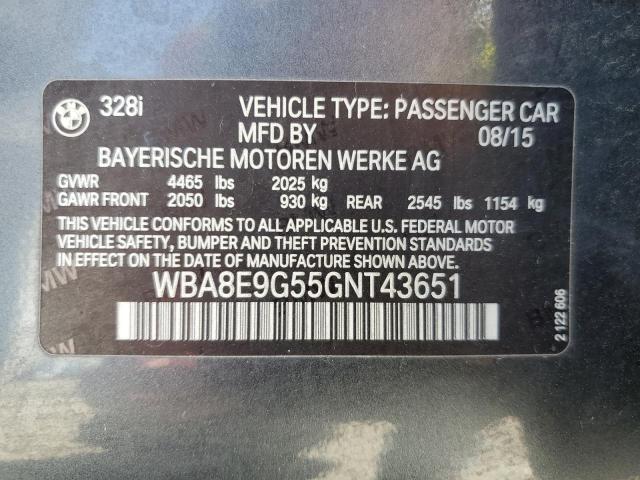 WBA8E9G55GNT43651 - 2016 BMW 328 I SULEV GRAY photo 12