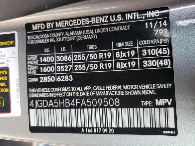 4JGDA5HB4FA509508 - 2015 MERCEDES-BENZ ML 350 4MATIC SILVER photo 12