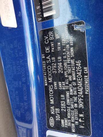 3KPF24AD4KE042646 - 2019 KIA FORTE FE BLUE photo 12