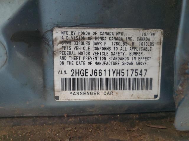 2HGEJ6611YH517547 - 2000 HONDA CIVIC BASE TURQUOISE photo 12