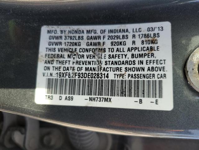 19XFB2F93DE028314 - 2013 HONDA CIVIC EXL ნაცრისფერი ფოტო 12
