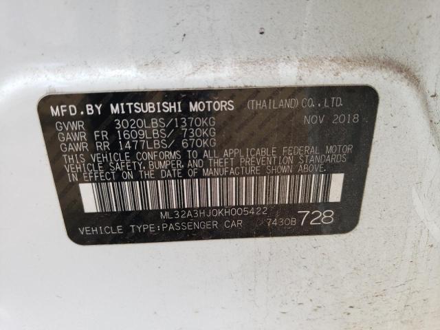 ML32A3HJ0KH005422 - 2019 MITSUBISHI MIRAGE ES WHITE photo 12