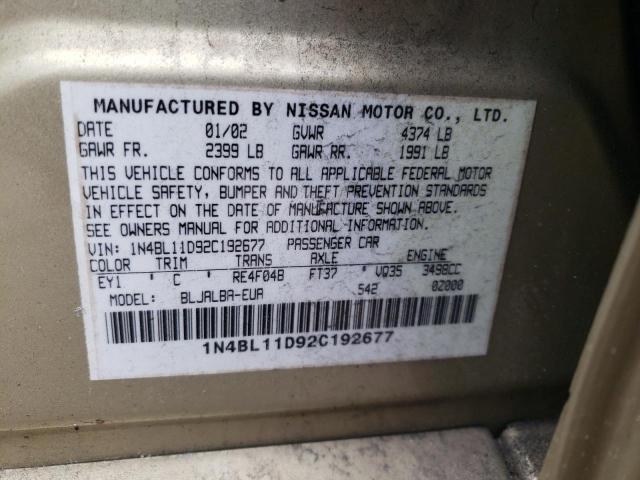 1N4BL11D92C192677 - 2002 NISSAN ALTIMA SE GOLD photo 12