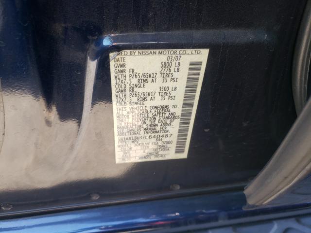 5N1AR18U37C640487 - 2007 NISSAN PATHFINDER LE 蓝色 照片 10