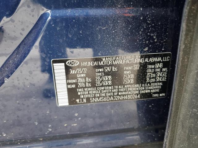 5NMS6DAJ2NH480264 - 2022 HYUNDAI SANTA FE SEL BLUE photo 14