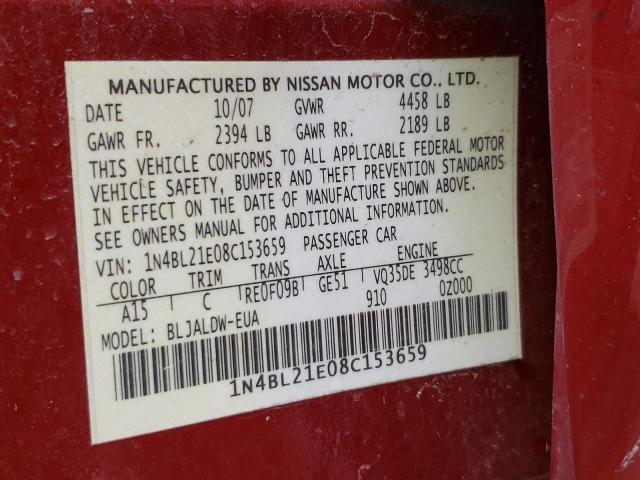 1N4BL21E08C153659 - 2008 NISSAN ALTIMA 3.5SE BURGUNDY photo 10