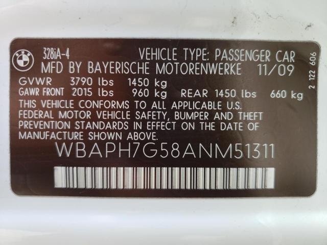 WBAPH7G58ANM51311 - 2010 BMW 328 I WHITE photo 12