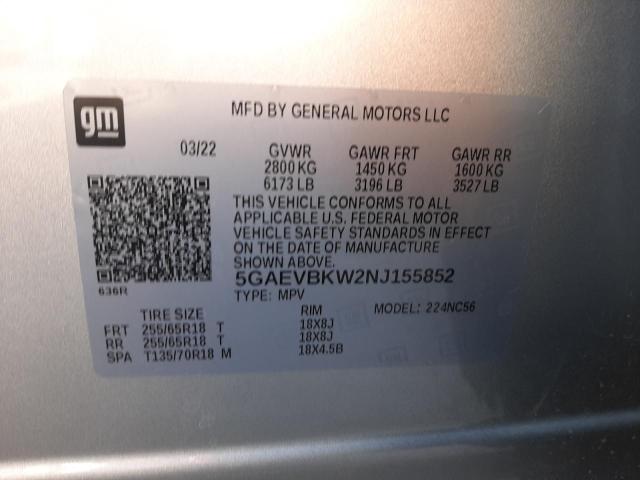 5GAEVBKW2NJ155852 - 2022 BUICK ENCLAVE PREMIUM SILVER photo 12