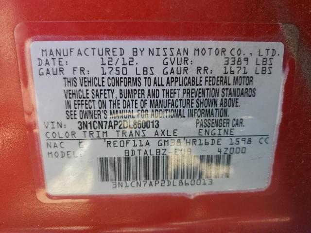 3N1CN7AP2DL860013 - 2013 NISSAN VERSA S RED photo 12