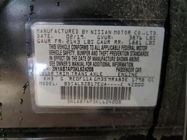 3N1AB7AP3KL624208 - 2019 NISSAN SENTRA S BLACK photo 12