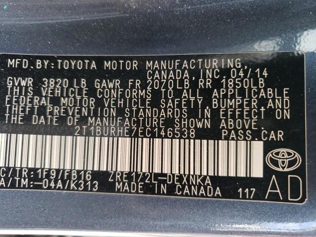 2T1BURHE7EC146538 - 2014 TOYOTA COROLLA L GRAY photo 13