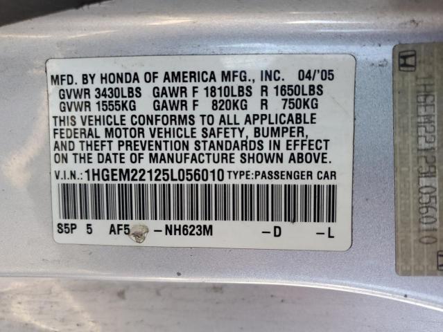 1HGEM22125L056010 - 2005 HONDA CIVIC DX VP فضي صورة 12