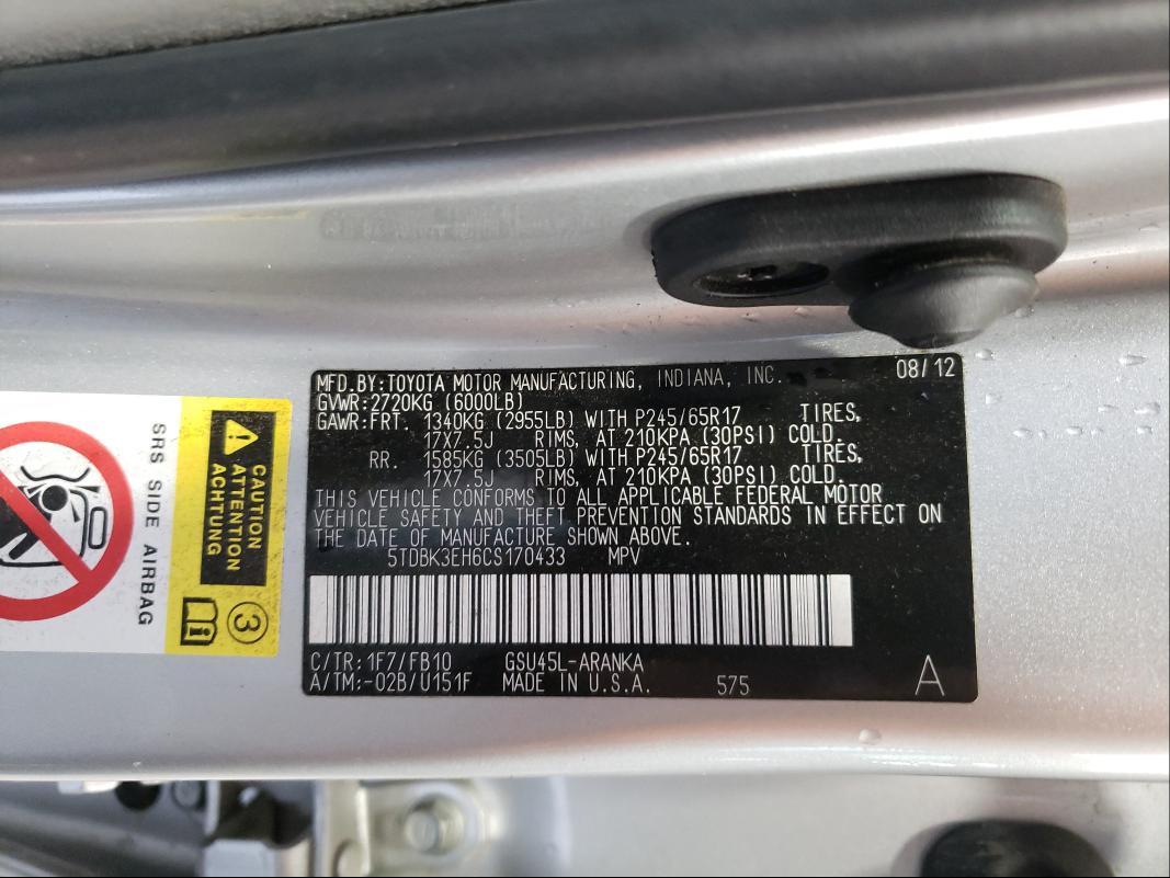 5TDBK3EH6CS170433 - 2012 TOYOTA HIGHLANDER BASE SILVER photo 10