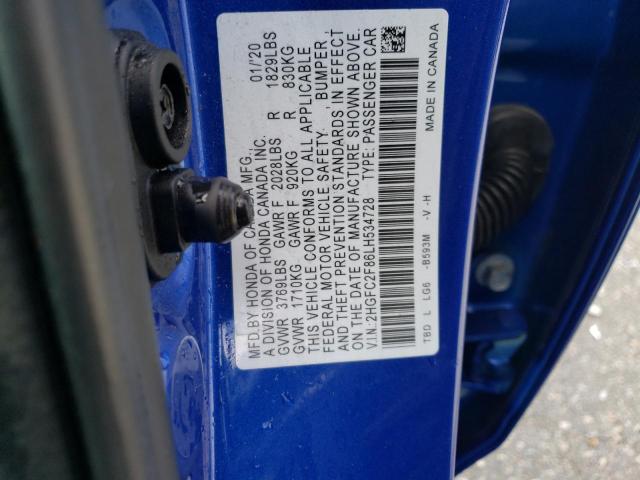 2HGFC2F86LH534728 - 2020 HONDA CIVIC SPORT 蓝色 照片 12