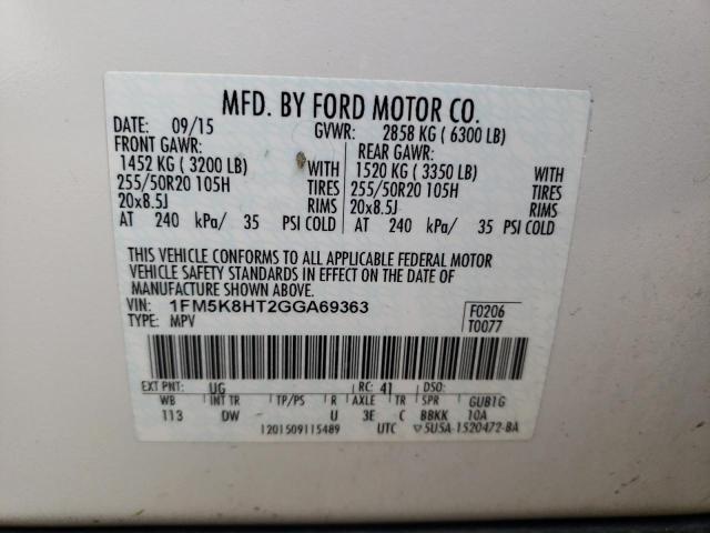 1FM5K8HT2GGA69363 - 2016 FORD EXPLORER PLATINUM WHITE photo 14