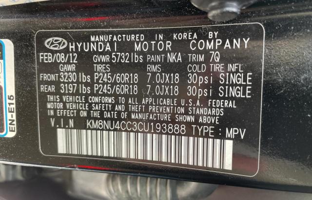 KM8NU4CC3CU193888 - 2012 HYUNDAI VERACRUZ GLS BLACK photo 10