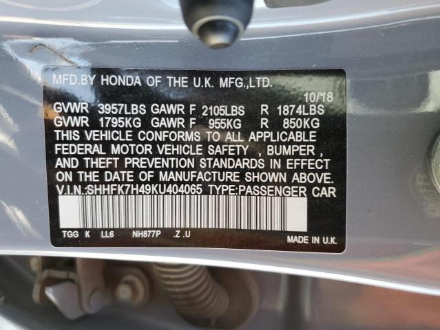 SHHFK7H49KU404065 - 2019 HONDA CIVIC SPORT 灰色 照片 12