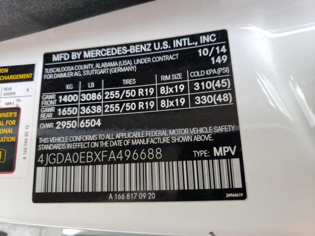 4JGDA0EBXFA496688 - 2015 MERCEDES-BENZ ML 250 BLUETEC WHITE photo 12